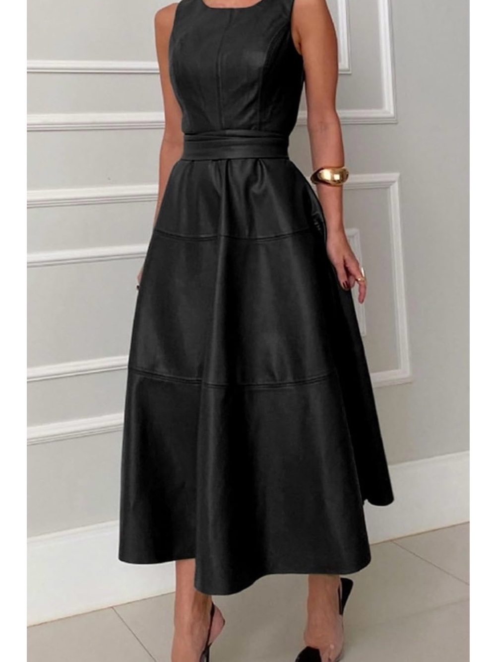 Black Faux Leather Sleeveless Midi Dress with Waist Tie - Picture 2 of 8